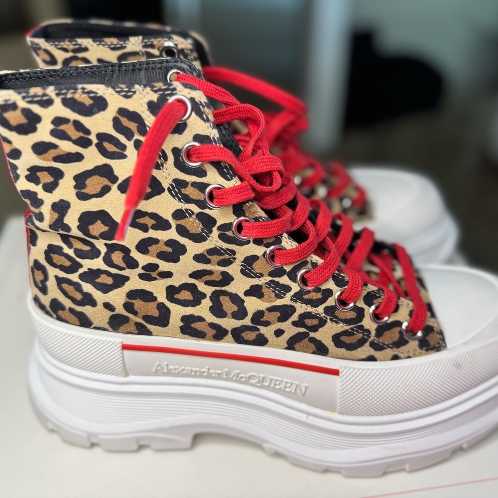 Alexander McQueen Thread Leopard High-Top Sneaker Boots with Red Laces